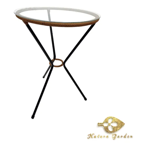 Mesa Mesita Cal Hierro Con Vidrio Simil Yute Jardin Balcon