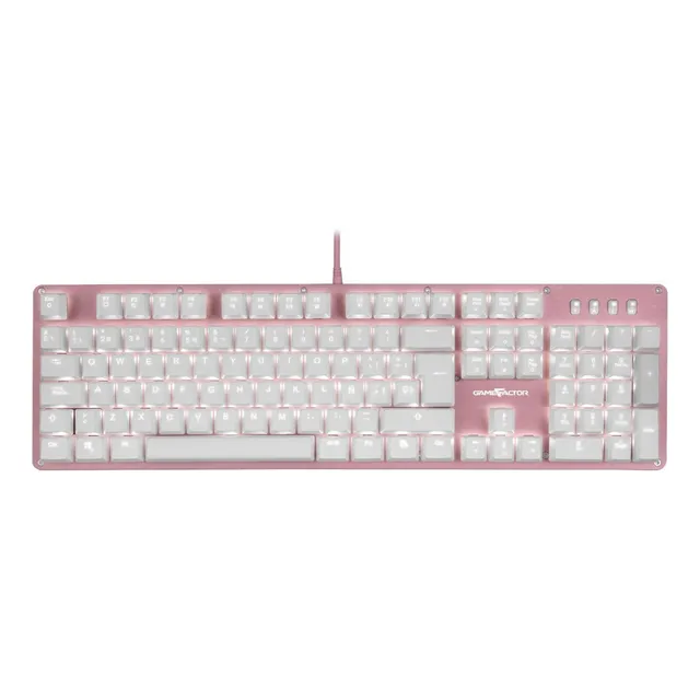 Teclado gamer Game Factor QWERTY KRED Blue español España color rosa con luz blanca