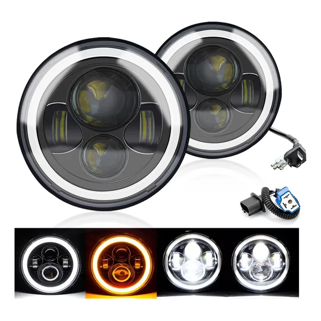 Faros Led H4 7 Redondo Jeep Vocho Auto Moto Ojos De Ángel