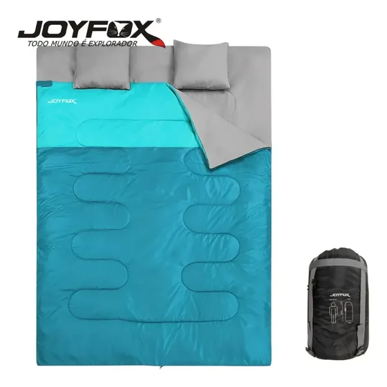 Saco De Dormir Casal Impermeável Joyfox 220x150cm Com 2 Travesseiros Vira Edredom Abertura Total Para Camping E Trilha (Azul)