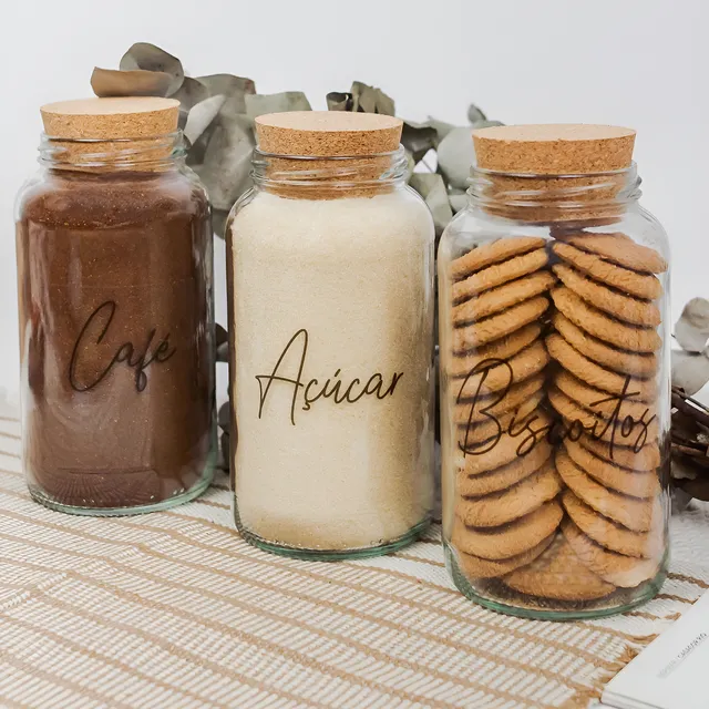 Kit Cantinho Do Café - 3 Potes De Vidro 810ml + Tampa Rolha Transparente
