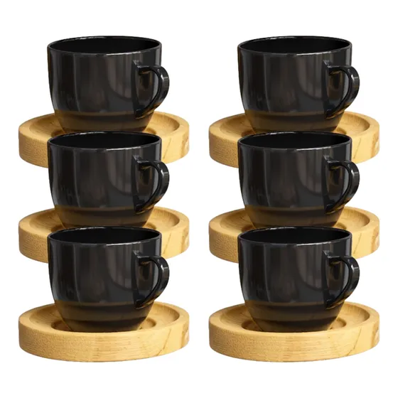 Jogo 6 Xicaras Cafe Chá Porcelana Preta Pires Madeira 170ml