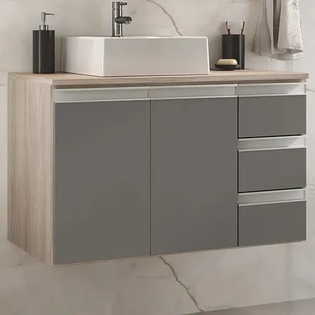 Conjunto De Banheiro Completo Prisma 80cm Gabinete Móvel Madeirado/cinza Branco Um Furo