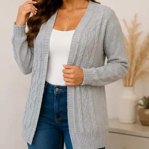 Casaco Feminino Alongado Tricô Tranças Manga Longa Inverno Cinza