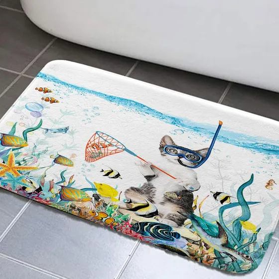 Divertida Alfombra Baño Para Gato Buceo Tapete Azul Turquesa