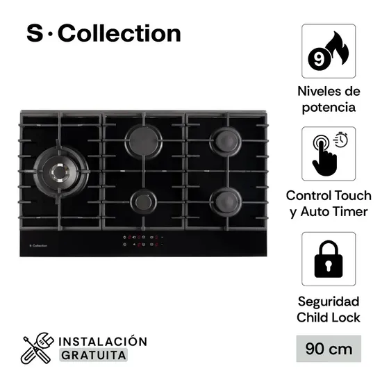 Encimera Vidrio Full Touch S-collection A Gas 90 Cm Color Negro