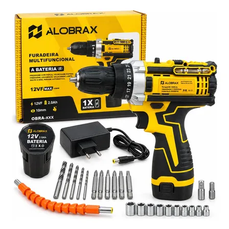 Parafusadeira Furadeira Potente 12v Com Kit De 25 Peças Amarelo 127/220v 50hz/60hz