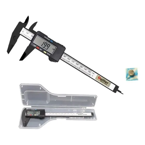 Calibre Digital Fibra De Carbono 0-150 Mm Visor Lcd Grande MEDICION EN MILIMETROS Y PULGADAS EN CAJA PLÁSTICA Guiller® con dos PILAS