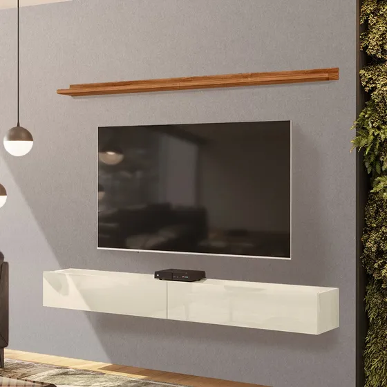 Rack Tv Bancada Suspensa E Prateleira 197cm Slat Cinamom/off