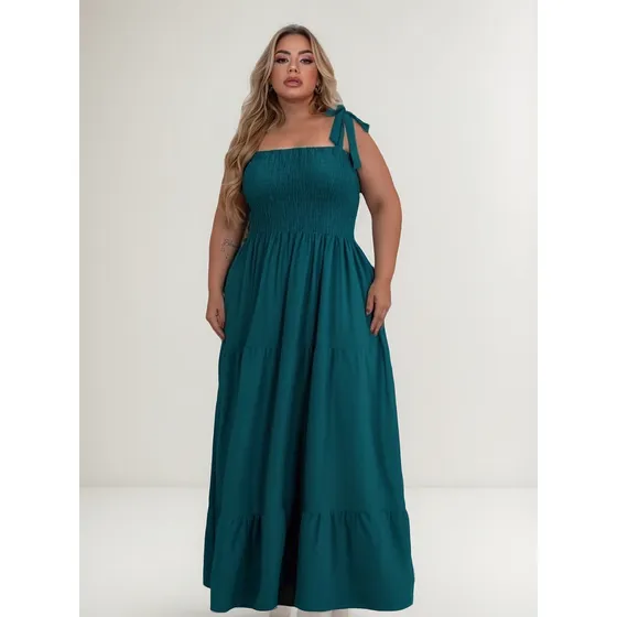 Vestido Longo Plus Size Alças De Amarrar E Lastex Soltinho E
