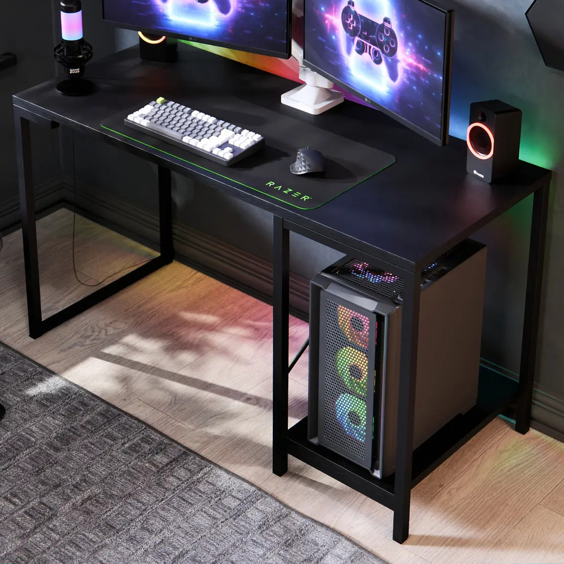 Escrivaninha Gamer Tokyo Industrial de MDF com Prateleira para CPU e Estrutura de Aço Preta