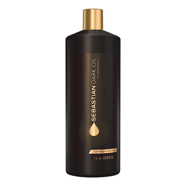 Frasco de 1 litro do condicionador Sebastian Professional Dark Oil com tampa dourada e rótulo preto