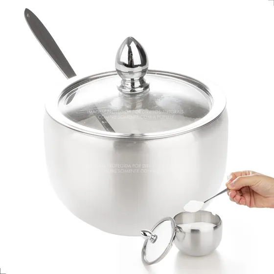 Açucareiro Em Aço Inox Com Tampa De Vidro E Colher - Lindo!