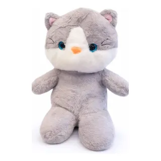 Gato Pelúcia Olhos Brilhantes Presente Infantil Fofo 25cm Cinza