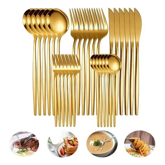 Kit 30 Peças Dourado Garfo Faca Colher Inox Bar Restaurante
