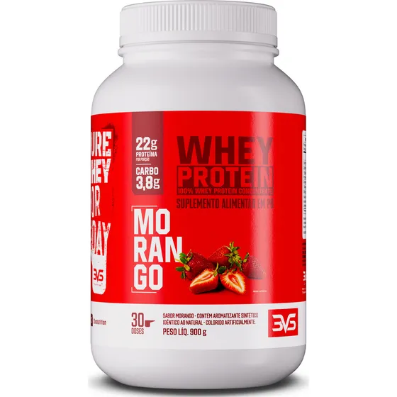 100% Whey Protein Concentrado 900g Sabor: Morango - Proteína 100% Pura - 3vs Nutrition
