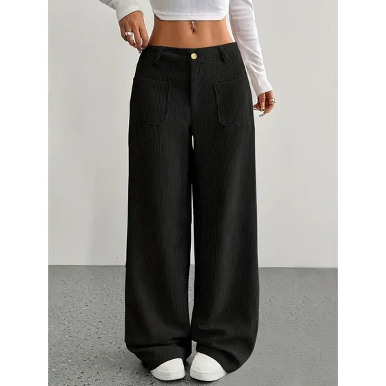 Pantalones Pierna Ancha Para Mujer Poliéster Con Bolsillos