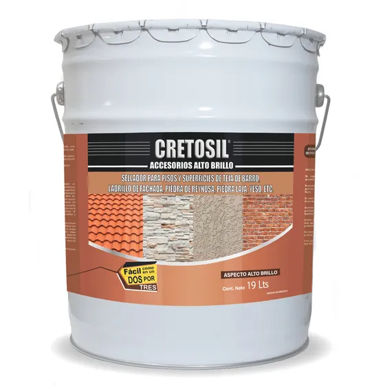 Cretosil Accesorios Sellador / Barniz Apariencia Mojado "Wet-Look" Aspecto Brillante. Para Concreto, Cantera, Barro, Ladrillo, Piedras, Yeso, Adoquin, Terracota y más 100% Acrílico 19 Lts Transparente