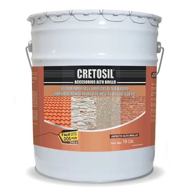 Cretosil Accesorios Sellador / Barniz Apariencia Mojado "Wet-Look" Aspecto Brillante. Para Concreto, Cantera, Barro, Ladrillo, Piedras, Yeso, Adoquin, Terracota y más 100% Acrílico 19 Lts Transparente