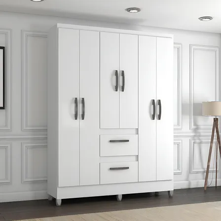 Guarda Roupa Solteiro 6 Portas 2 Gavetas Capri Poquema Cor Branco