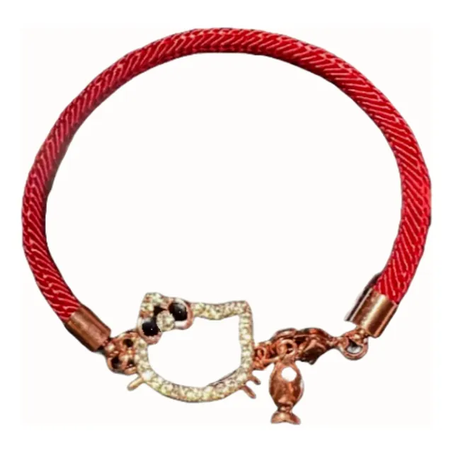 Hello Kitty Pulsera Cristal Cordón Rojo Tono Oro Rosa