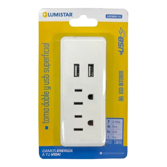 Toma Corriente Y Usb Doble Superficial Blanco Lumistar