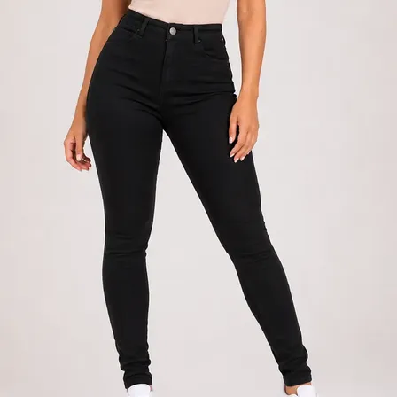 Calça Jeans Preta Feminina Super Lycra Skinny Cintura Alta