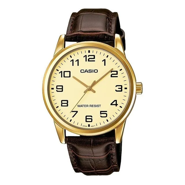 Reloj Casio Mtp-v001gl-9budf Hombre 100% Original Correa Marrón Bisel Dorado Fondo Dorado