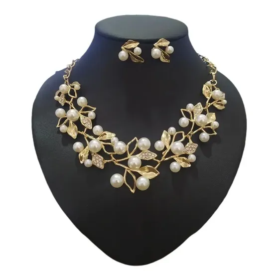 Conjunto Colar Brinco Dourado Ouro Strass Pérola Noiva Festa Dourado — foto 2