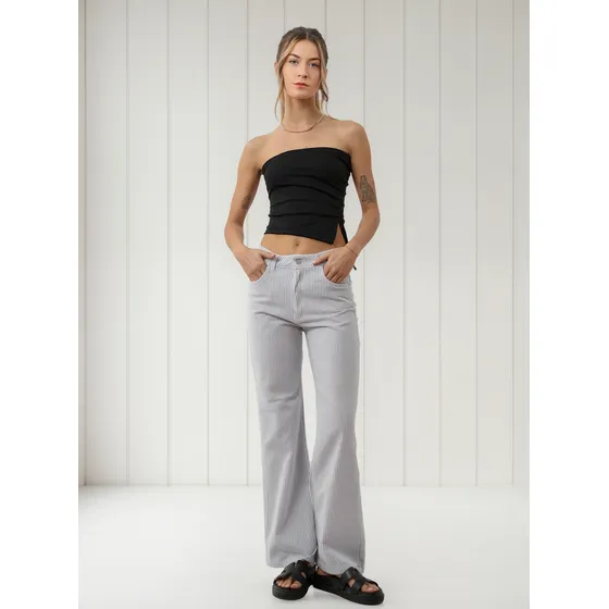 Pantalón Jean Rayado Infoestilos Mujer Wide Leg Tiro Alto -2
