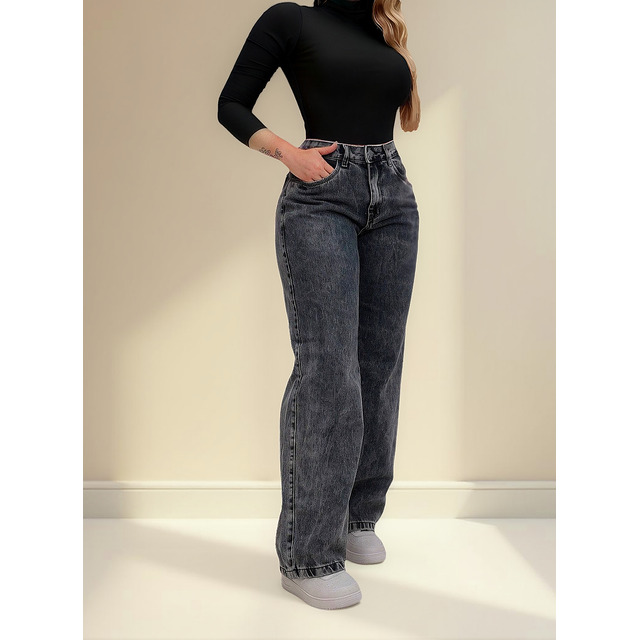 Calça Jeans Feminina Wide Leg Pantalona Cinza Grafite Calça Jeans Feminina Wide Leg Pantalona Cinza Grafite