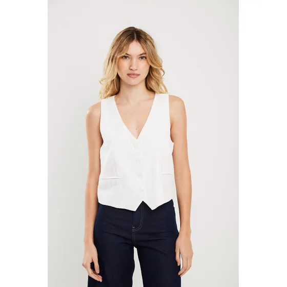 Chaleco Sastrero Corto De Lino Off White Koxis Mujer