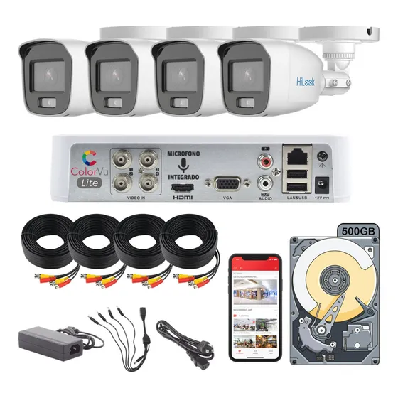 Kit Circuito Cerrado Hilook Dvr 4 Canales 4 Camaras 1080p 2mp Full Hd Thc-b129-ps Colorvu Audio Integrado Video A Color Las 24/7 Cable Coaxial 18mts Disco Duro 500gb