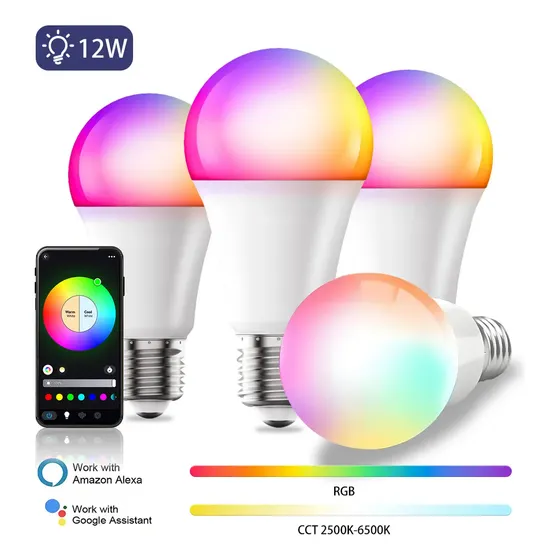 4pcs Focos Led 12w Fyiuin Wifi Inteligente Luz Led Para Alexa Rgbcw Luces E26 Focos , Control Remoto De Briturn App Y Control De Voz, Focos Inteligente Compatible Con Ios, Android, Alexa,google