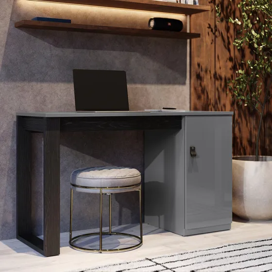 Mesa Escrivaninha Paris Com Gaveteiro Para Pc E Computador Cor Cinza Preto