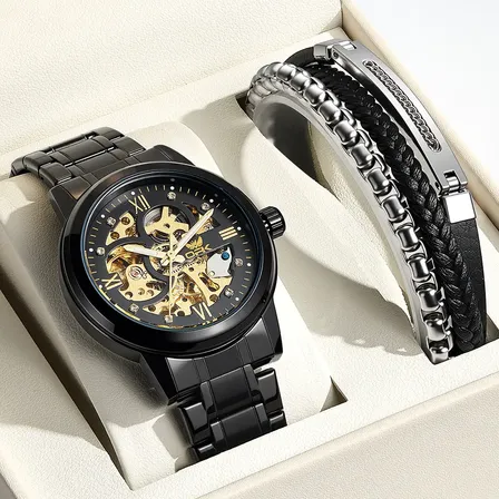Opk Relógio Automático Masculino Conjunto Pulseira Luxo 8165 Preto