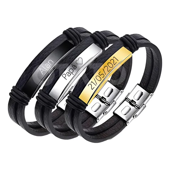 Pulsera Hombre De Cuero Genuino Grabado Personalizado