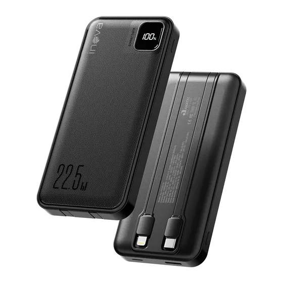 Power Bank Inova 10.000mAh Portátil Rápido c/ Cabos Integrados USB-C/iOS Preto