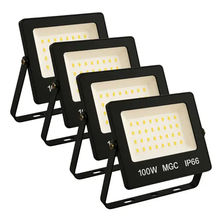 4x Refletor Led 100w Prova Dagua Ip66 Holofote Bivolt Slim 3000k - Branco Quente