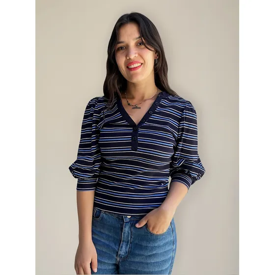 Blusa Remera Rayada Manga Princesa Slim Importado Banana Rep