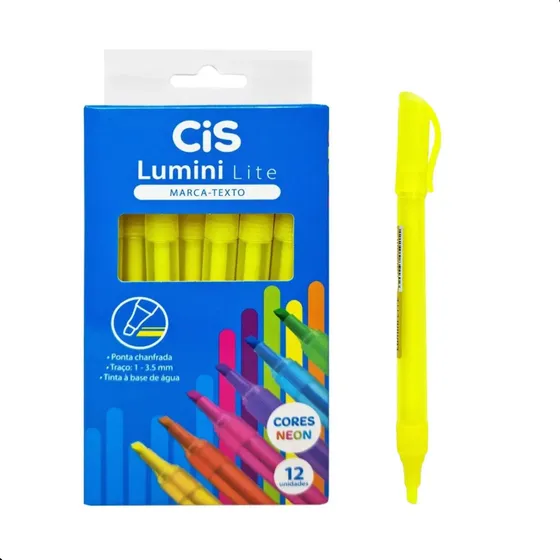 Caneta Marca Texto Amarelo Fluorescente Cis - Caixa Com 12un