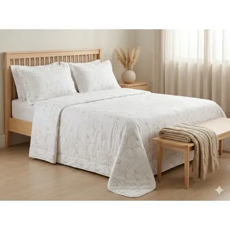 Cobre Leito Queen Bordado Hipercal 200 Fios 03 Pçs - Branco Branco Folhas Bordadas