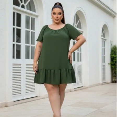 Vestido Feminino Plus Size Soltinho Babado Manga Curta