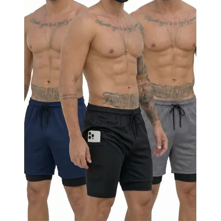 Kit 3 Shorts 2 Em 1 Duplo Bolso Para Academia Treino Corrida Preto/azul/cinza Gg