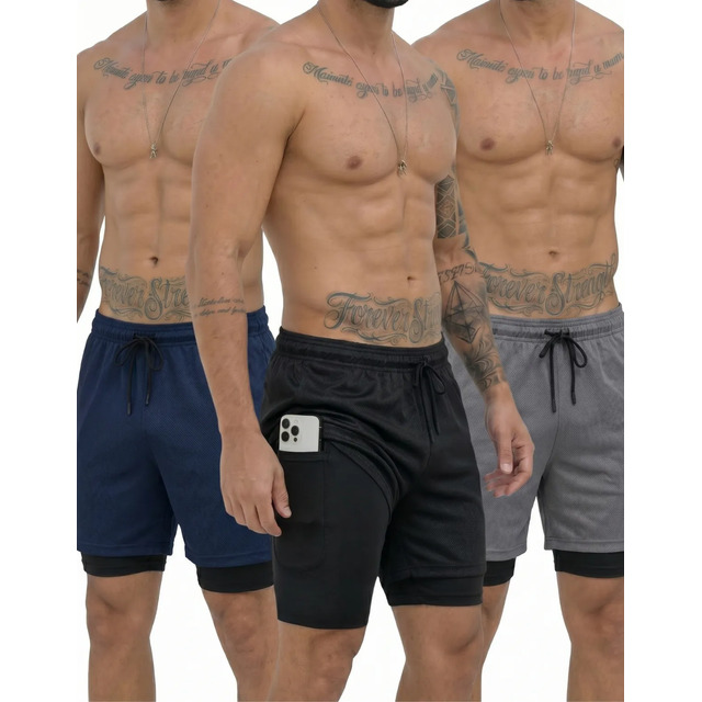 Homem vestindo três variações de cores do short esportivo 2 em 1 com bolso para celular