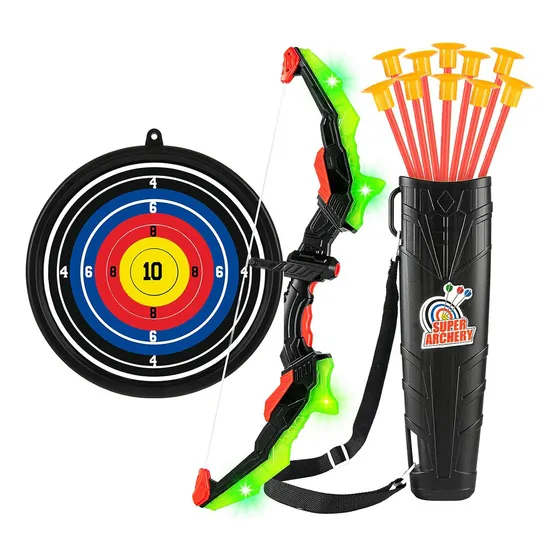 Set De Arco Y Flechas Infantil Con Luces LED Incluye 10 Flechas De Ventosa Y Diana Juguete De Tiro Seguro Para Niños Ideal Para Desarrollar Habilidades De Precisión y Coordinación MRT MRT-5 Negro