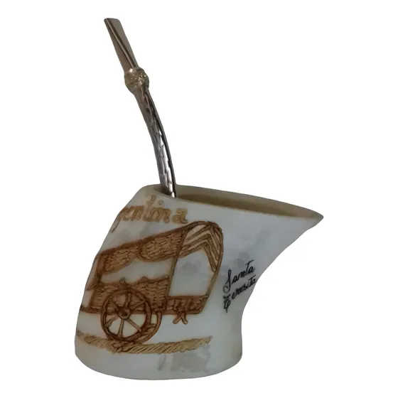 Mate Argentino Cuerno De Toro Tallado Con Bombilla