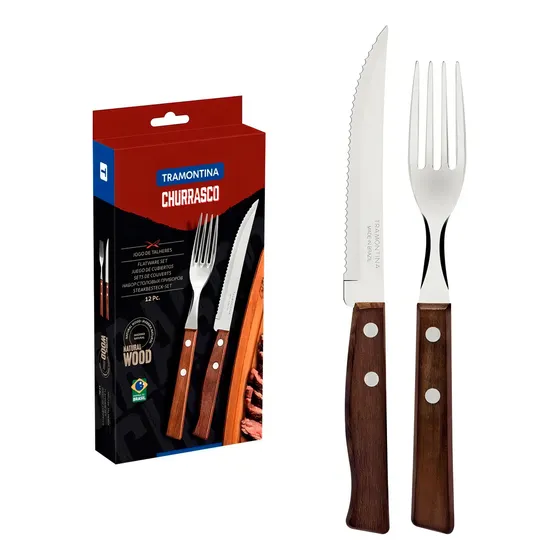 Juego de Cubiertos para Asado Tramontina con Láminas de Acero Inoxidable y Mangos de Madera Natural, 12 piezas.