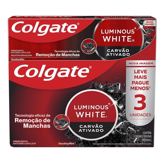 Pack Creme Dental Colgate Carvão Ativ Luminous White 3un 70g