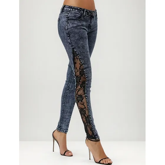 Pantalones Vaqueros Ajustados Con Ribete Encaje Para Mujer